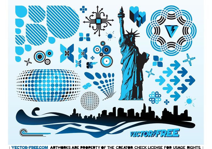 USA town symbol statue NYC new york Lady liberty elements dots dingbats cool city blue arrows abstract 