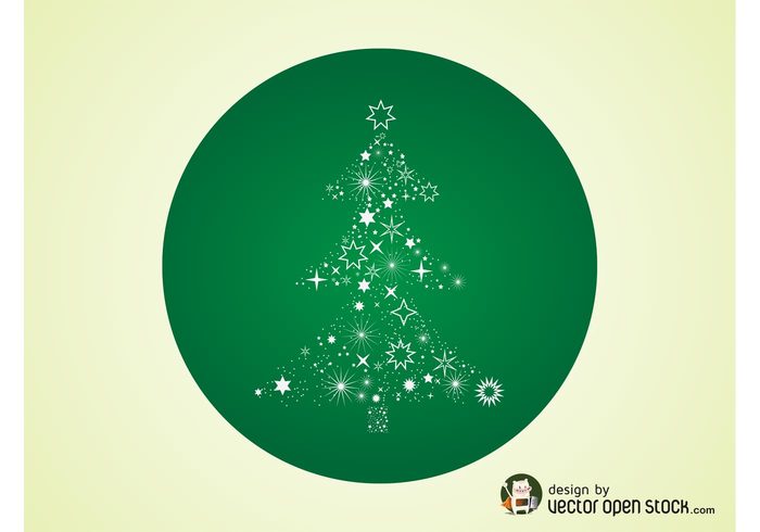 tree stars sparkles round icon holiday festive evergreen circle christmas celebration badge 