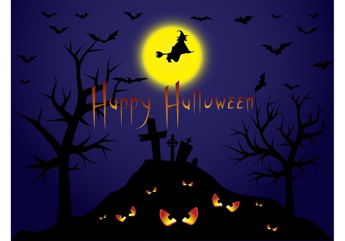 witch trees tombstones silhouettes scary horror holiday hill halloween greetings graveyard graves eyes bats background 