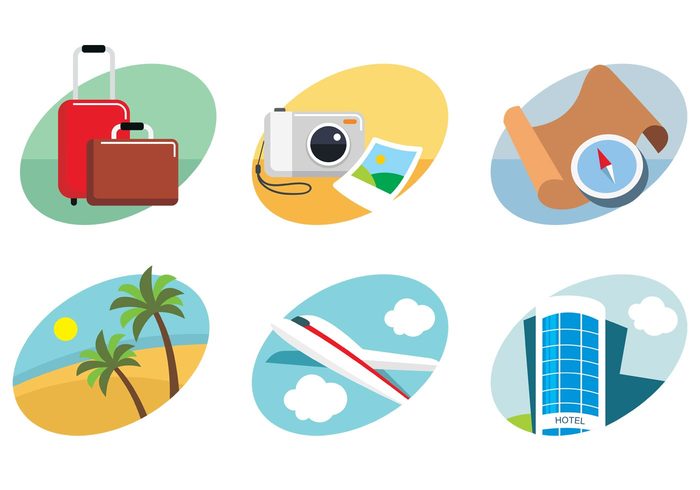 vacation trip traveling travel suitcase plane picture map icon hotel flat compass camera beach Adventure 