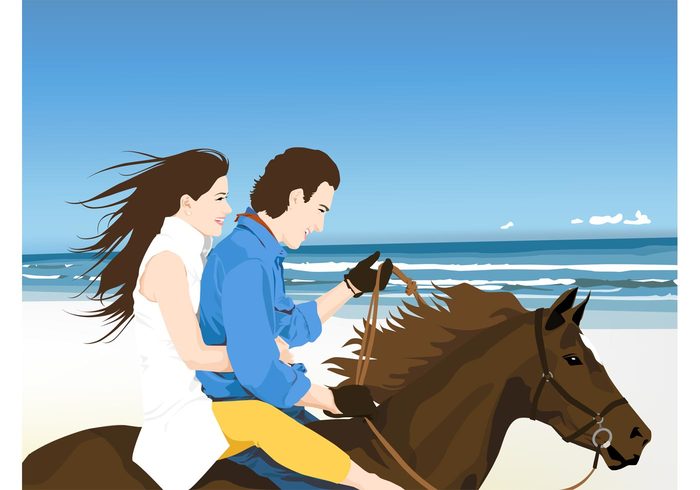 woman summer Smile man horse riding horse Honeymoon happy equestrian date couple beach Bareback riding 