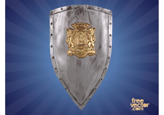 silver shield ribbon metallic metal lions knight heraldry heraldic golden gold crown coat of arms 