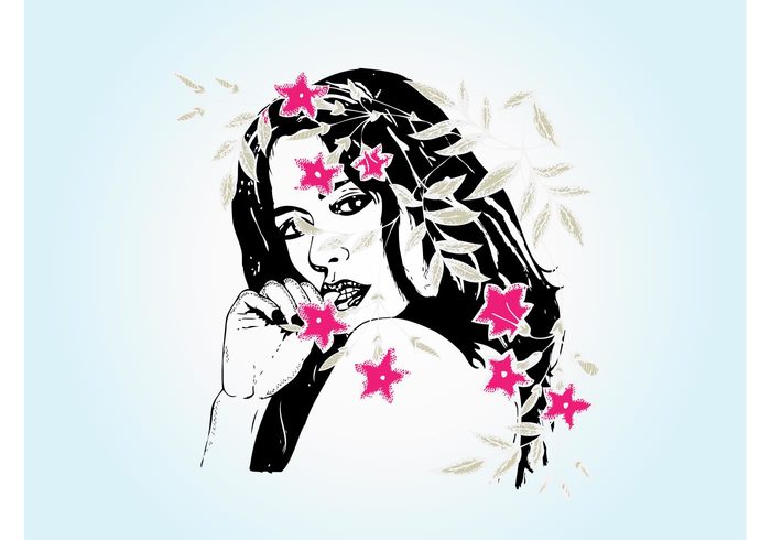woman tropical Shy sexy Long hair leaves leaf Islander illustration girl flowers floral exotic drawing 
