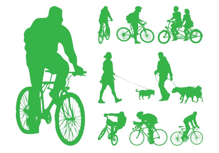 women woman walk Tandem bicycle silhouettes people men man dogs biking bikes bikers bicycles 
