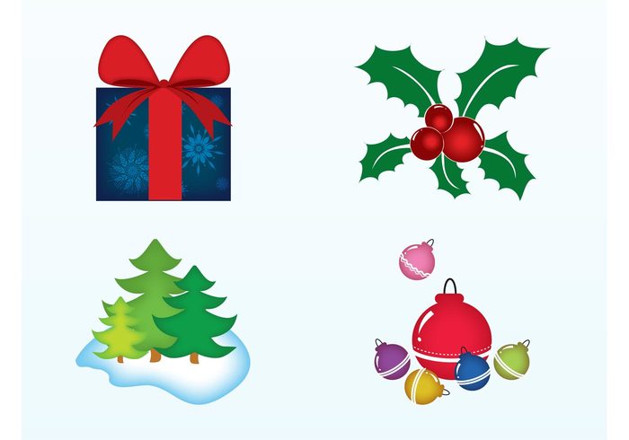 winter tree snow ribbon present pine ornaments mistletoe gift festive colorful celebration box bow balls 