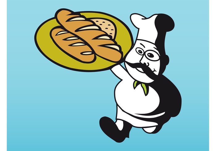 tray sticker professional plate mustache mascot man logo Job icon food eat cook character bread bakery baked 