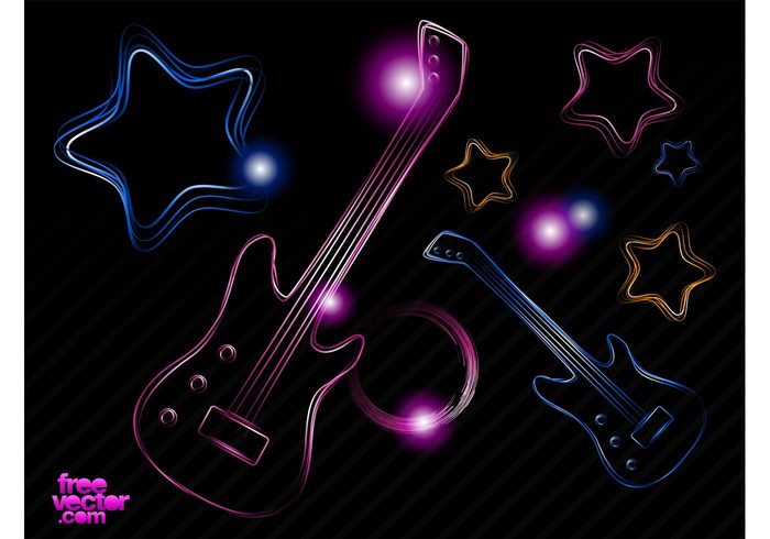 stars musical instruments music lines linear lights guitars glow colorful circles bokeh Bass vector Bass guitar 