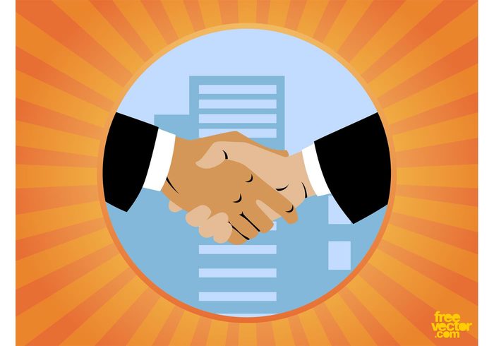 work round professional logo Job handshake hands formal corporate city circle cartoon business buildings 