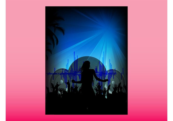 summer speakers silhouettes rectangular rectangle poster people palms Open air music flyer festival dancing dance crowd club 