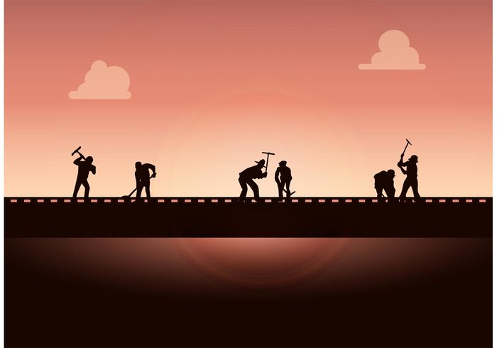 workers sunrise silhouette rails railroad workers railroad worker railroad wallpaper railroad background railroad rail worker rail road port industrial horizontal hammer flat clouds building Build background 