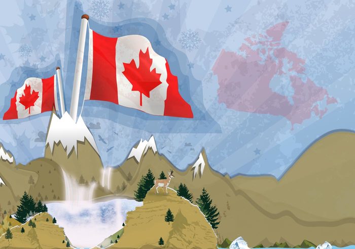 snowflakes scenery rocks mountains landscape lake high flora flag fauna deer Canadian canada animal america 