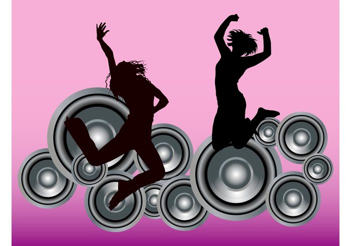 women speakers silhouettes round party nightlife musical music jump fun flyer Flier disco dance club circles 