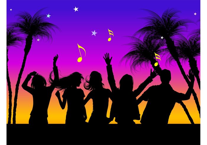 women summer silhouettes people party palms notes night music men dancing dance beach 