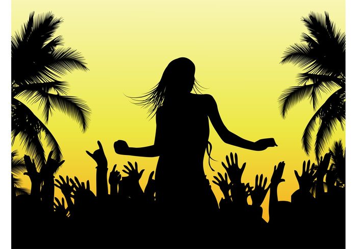 vacation summer silhouette party palms holiday girl dancing dance crowd 