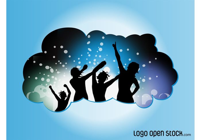 silhouettes people party music fun DJ disco dance club cloud banner badge 