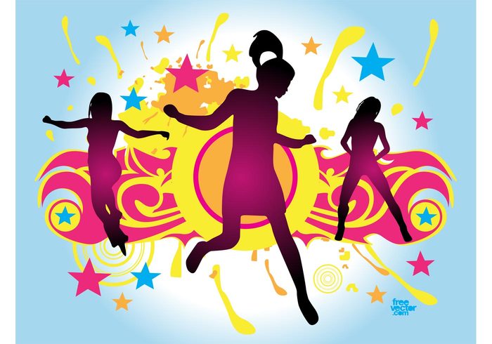 woman tribal stars silhouette party layout jump happy Girl vector flyer Flier dancing dance colors colorful circles body 