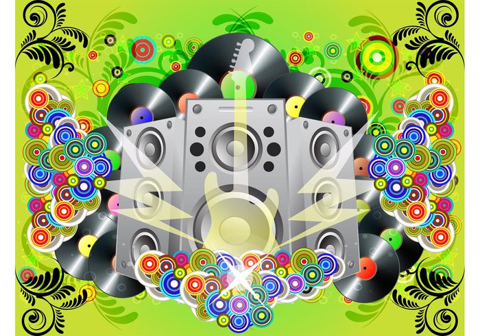 Vinyl records speakers rock poster party musical instrument music guitar flyers flowers electric guitar circles abstract 