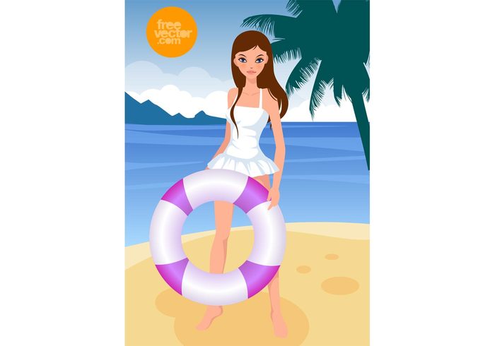 woman vacation tropical travel tourism summer pretty life preserver holiday Girl vector girl exotic character cartoon beautiful beach 