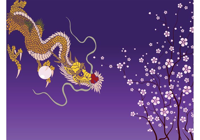 wallpaper tree spring sakura pearl mythology Mythological creature japan fantasy dragon branches blossom background Asian asia animal 