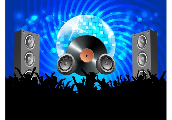 vinyl record speakers people party Glitter ball flyer disco ball disco dance crowd club bokeh 