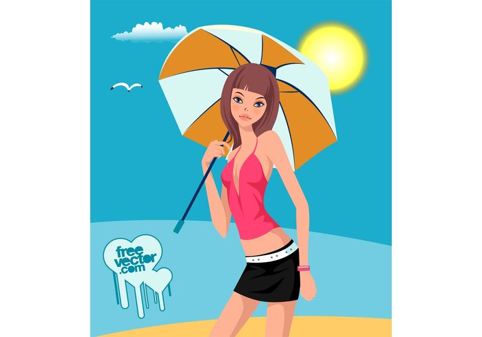 woman vacation umbrella Sunshade sun summer sexy pretty Parasol Miniskirt holiday girl beauty beach 