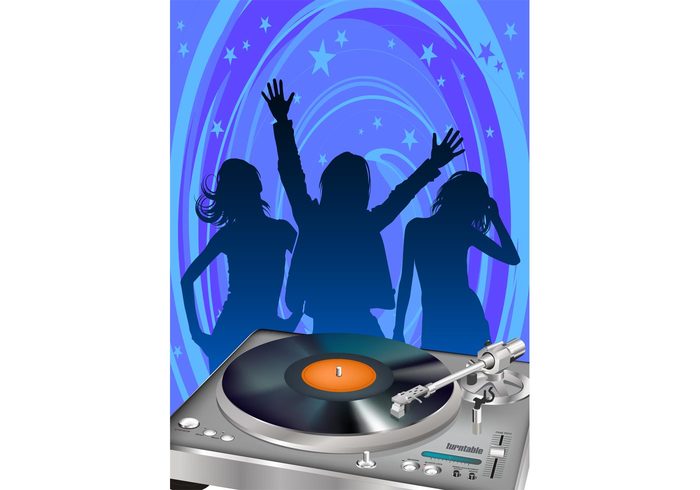 vinyl record turntable swirls stars silhouettes shiny music metallic girls disco detailed dancing dance 
