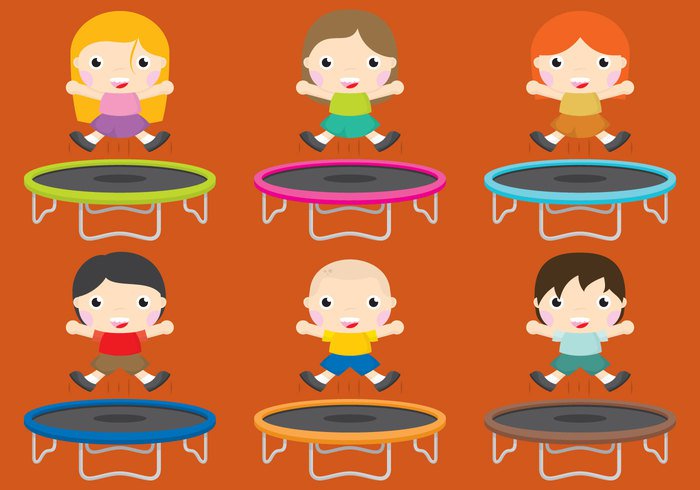 young trampoline tramp Smile simple play person male kid jump illustration high happy funny fun drawing cute child cartoon boy bounce background 