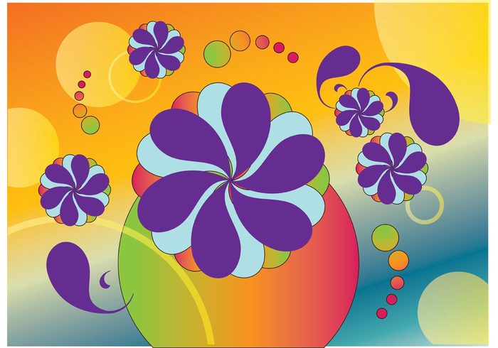 vintage vector background sixties scrolls retro party flyer flowers flower power colors colorful circles Austin powers 60's 