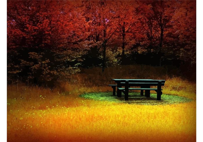 wooden wood summer rural relax picnic nature meal Log leaf landscape green grass forest Fall environment empty eat bench autumn 