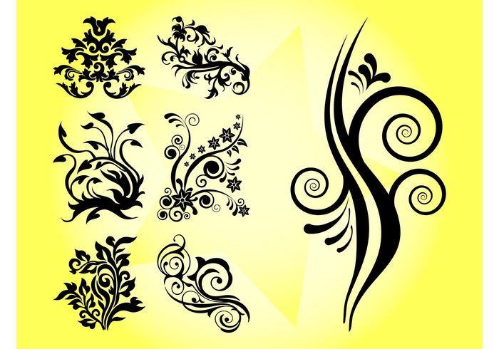 vector flowers swirls stickers Stems spring spirals silhouettes petals lines leaves flower vectors decorations decals blossom 
