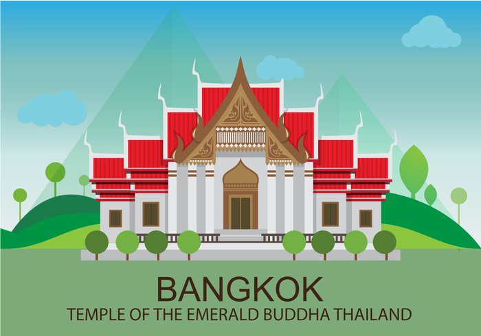 travel tourist tourism tour thailand Thai temple symbolic symbol logo landmark illustration flat emerald design culture Buddha beautiful bangkok background Asian asia 