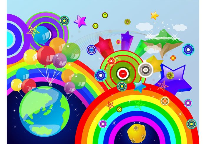 stars space sky rainbow poster planet party paradise mountain island flying flyer fly fantasy event earth club circles birds balloons Asteroid 