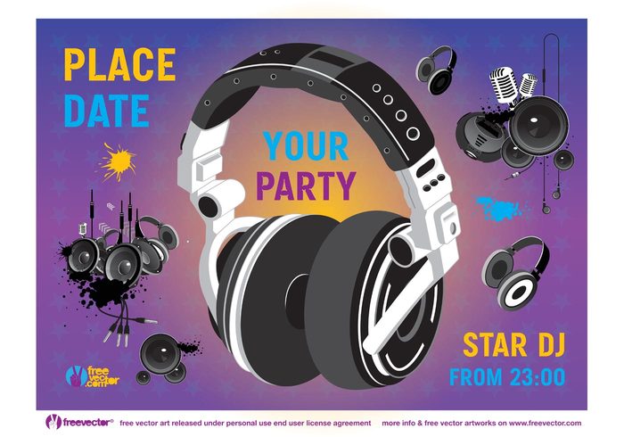 stars speaker poster Plug Place party music microphone micro invitation headphones flyer event DJ Deejay date box 