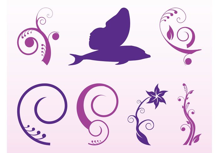 wings swirls silhouettes scrolls plants ornaments leaves flowers floral flora dolphin decorative decorations  