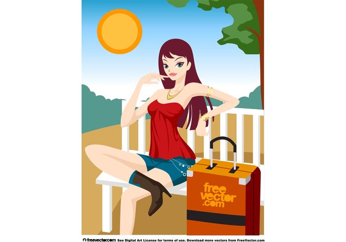 woman vacation trip traveling travel suitcase sexy pretty Journey holiday girl character cartoon 