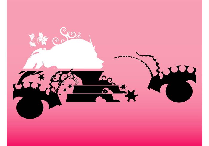 woman wheels swirls silhouettes shapes plants machine holes head girl gears flowers floral fantasy decorations 