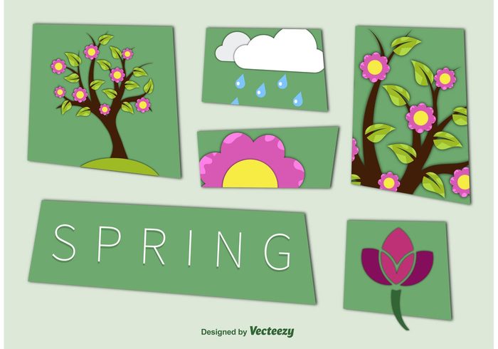 weather tree style spring silhouette shadow season postcard placard paper Outdoor nature minimal green flower floral flora flat cut branch banner background  