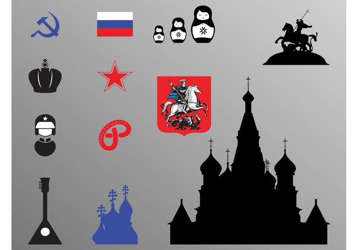 Russia vectors russia religion Red star Pretzel Orthodox Moscow Matryoshka hammer and sickle flag crown communism church 