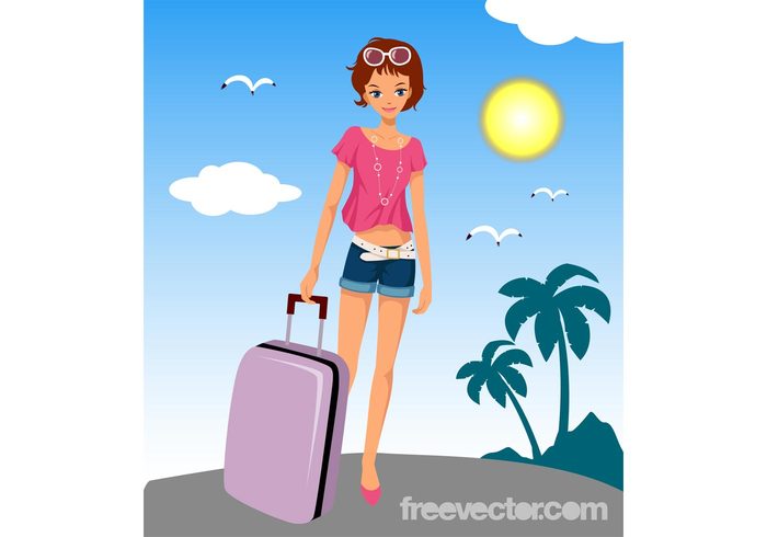 woman vacation summertime summer suitcase shorts seaside pretty holiday girl fashion 