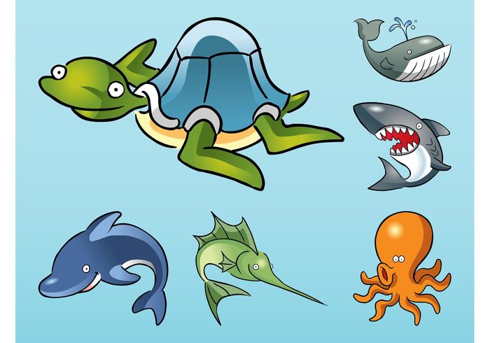 whale turtle shark sea octopus ocean marine fish dolphin comic characters cartoon Aquatic animals 