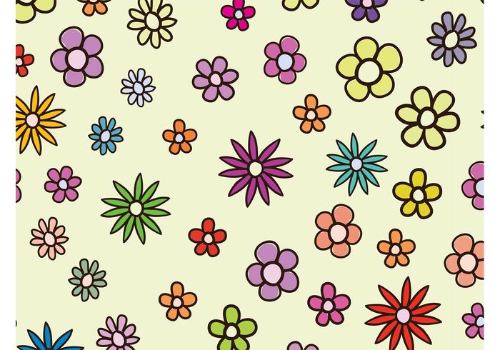 wallpaper stylized sixties seventies seamless plants petals nature flowers flower power colorful cartoon background 70's 60's  
