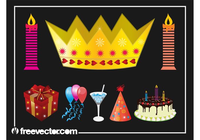 present party holiday hat gift drink crown cocktail celebration candles cake birthday balloons 