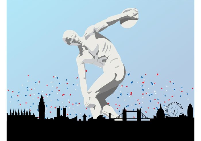wallpaper statue sports silhouettes Olympic games London layout landmarks greek event discobolus confetti colors colorful buildings 
