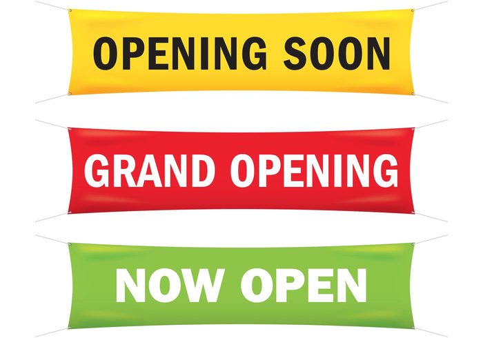 yellow welcome banner we are open vinyl banner vinyl storefront sign shop red poster opening soon opening now open modern marketing market grand opening grand flag event coming soon business bright banner announcement advertising advertisement 