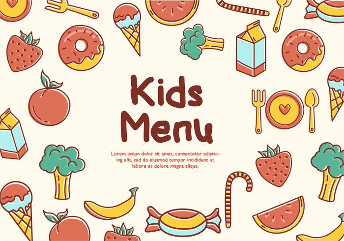 restaurant poster menu meal lunch kids menu kids fresh food eat cute cooking cook concept childish child chef cartoon card background baby 