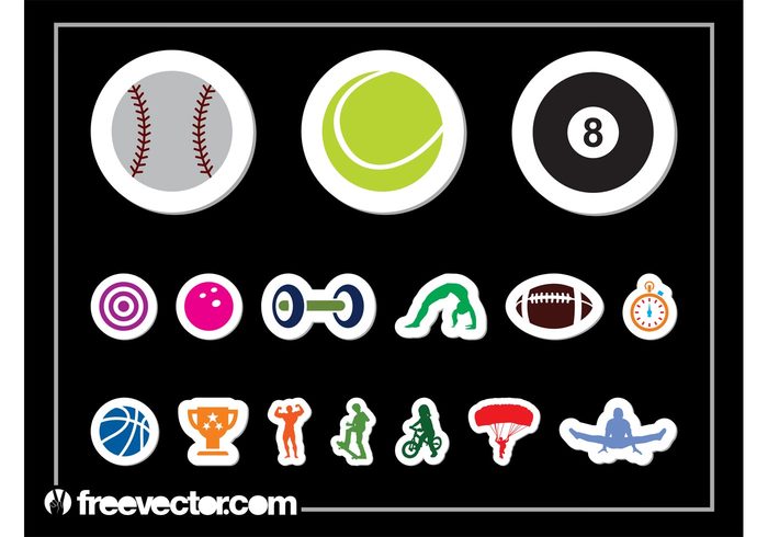 trophy tennis stopwatch stickers sticker sport parachute jump icons games Eightball basketball baseball balls badges  