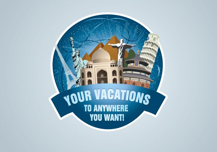 vacation travel tower of pisa taj mahal Statue of Liberty stamp monuments holiday Eiffel Tower badge 