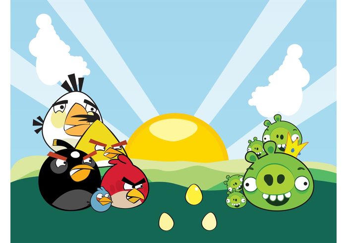 sun Smile rovio rays pigs pig nature gaming game funny fields eggs crown comic colorful clouds cartoon bird animal 