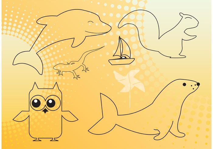 Vector stamps squirrel seal Salamander sailboat owl outline greeting cards dolphin Cute graphics animals Animal cartoons 