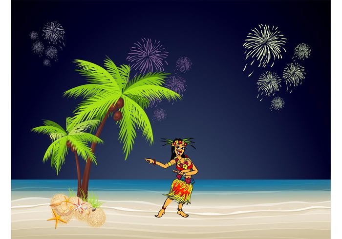 tropical summer shore shell sea sand palm night Hawaiian girl Fireworks Exotic girl exotic dancing dancer dance celebration beach 